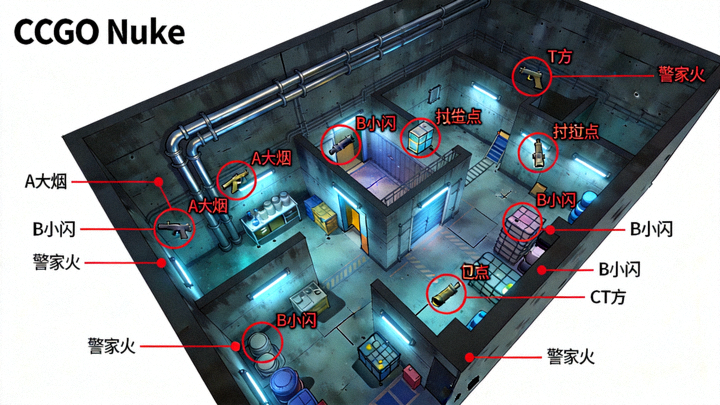 CSGO Major赛事Nuke地图道具投掷点位画面