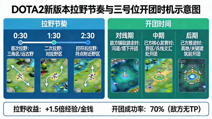 DOTA2新版本拉野节奏与三号位开团时机示意图