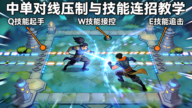 英雄联盟中单对线压制与技能连招教学画面